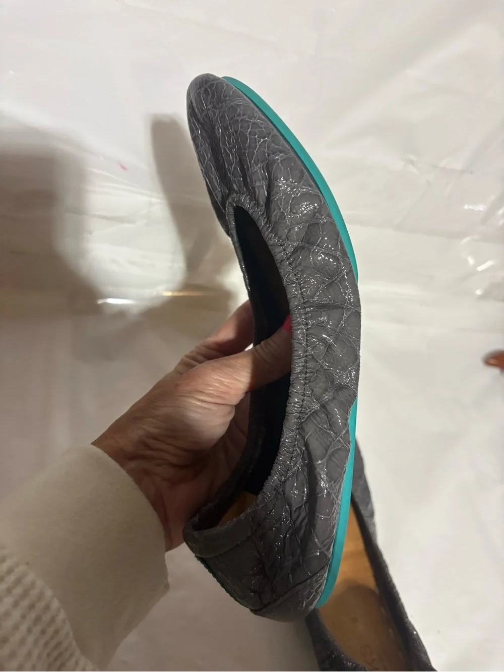 Tieks Gray Croc Patent Ballet Flat with Teal Sole Trim